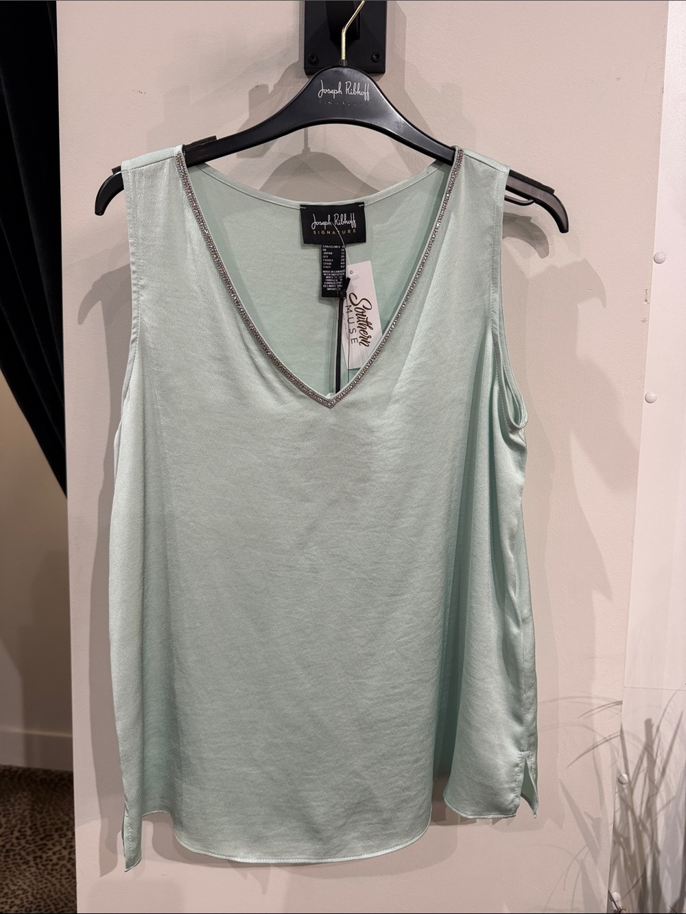 Joseph Ribkoff Mint V‑Neck Sleeveless Tank with Rhinestone Trim